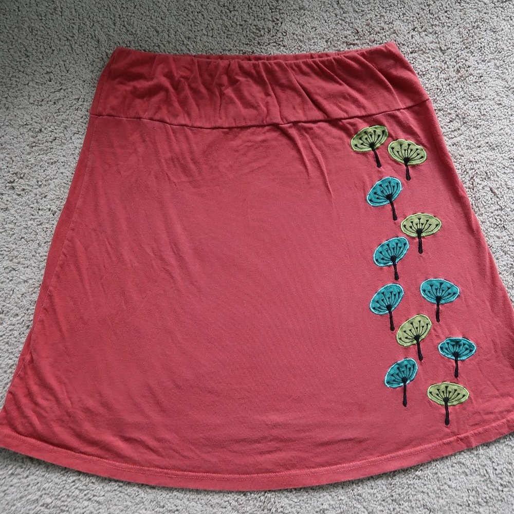 Pink/Red Cotton Skirt with Plant/Dandelion Wish Embroidery